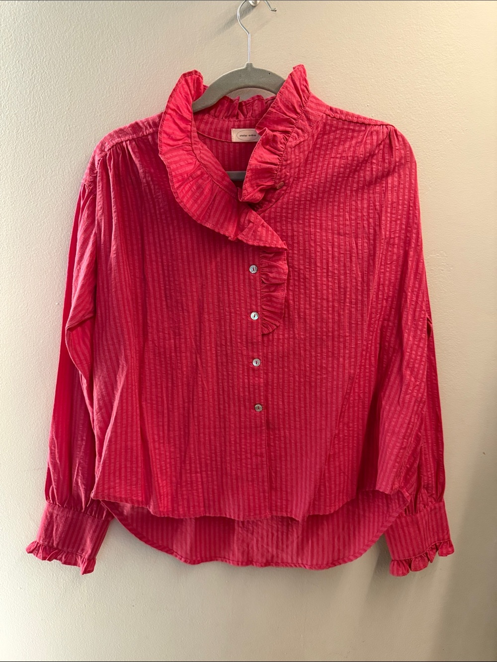 French Brand Atelier Evene Size M/L Ruffled Button-Front Blouse in Hot Pink